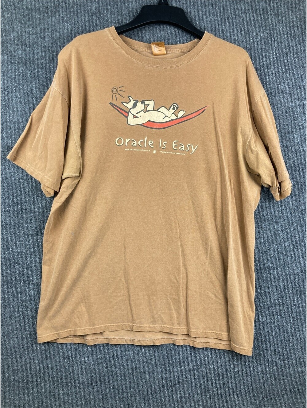 Vintage Oracle Is Easy Mens Size XL Brown S/S Crew Neck Dog Graphic T-Shirt